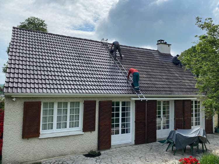 nettoyage de toiture dans les Yvelines — toiture envahie de mousses et de lichens, en cours de démoussage